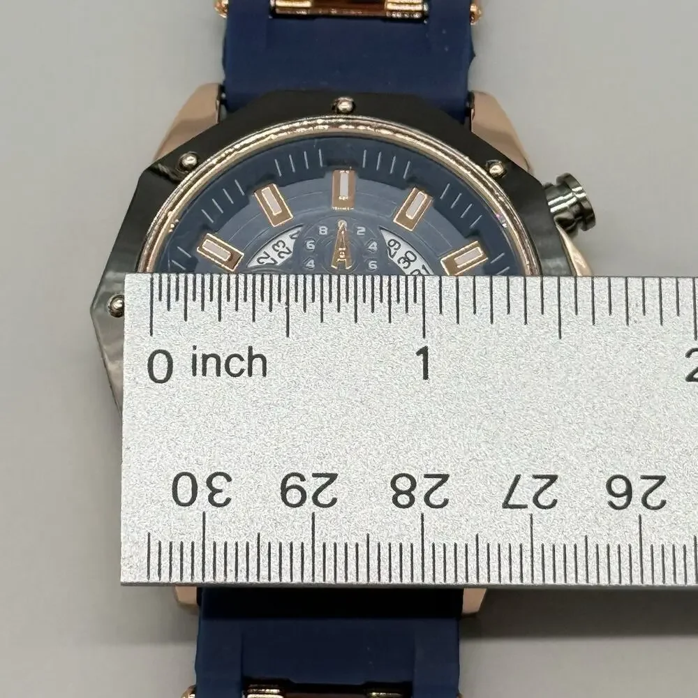 Mens Navy Blue Rose Gold Watch Silicone Strap Industrial Bolled Bezel Sport New